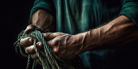 fisherman's weathered hands untangling a fishing line