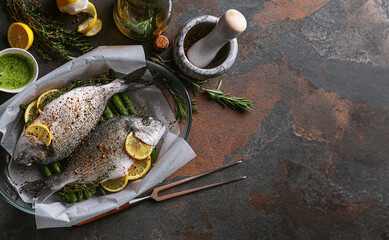 raw baked dorado fish with asparagus and lemon in spices