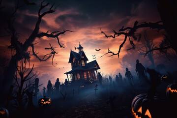 Spooky and atmospheric Halloween night scene with a haunted house, a full moon