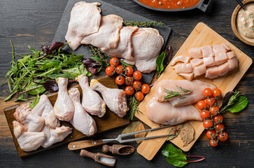 various parts of chicken cut up and ready for cooking - 650849975