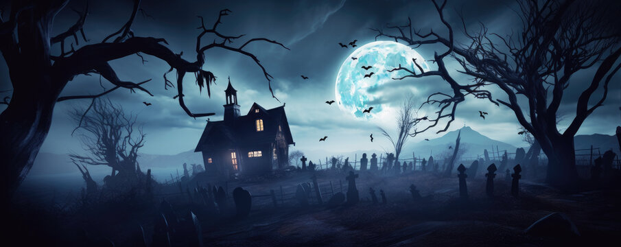Spooky and atmospheric Halloween night scene with a haunted house, a full moon