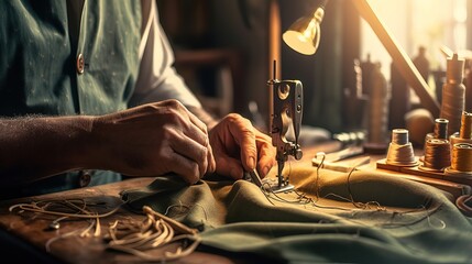 Close up photo of a hands of a professional male seamstress at work. Serious middle-aged man work a sewing machine in his workshop.