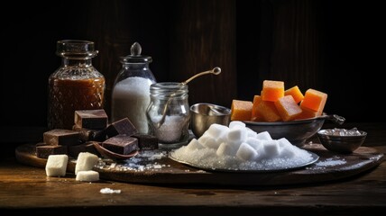 A captivating still life of various sugars elegantly arranged on a dark wooden table, with crystals glistening under soft lighting.