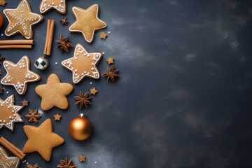 cookies and golden stars sparkle and shine on black background. festive, christmas texture, background. place for text.