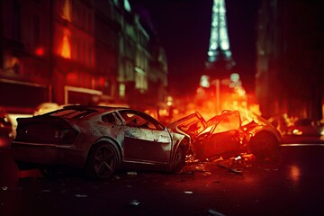Fototapeta na wymiar An urban car accident in Paris city at night, resulting in damaged and smashed car wrecks. After an accident collision, rollovers of smoky generic cars are crashed and burning. AI-generated