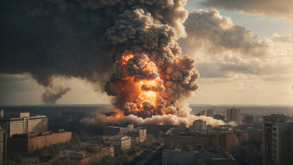 Explosion of nuclear bomb in the city. Terrorism in the capital, Nuclear war threat concept, AI Generative