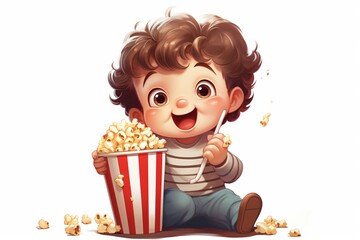 Graphic vector of a kid eating popcorn isolated on a white background