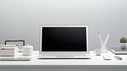 A minimalist workspace captured in close-up, featuring sleek glasses, neatly arranged documents, and a modern smartphone and tablet on a pristine white desk.