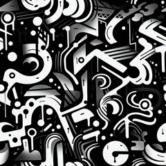 Black and white doodles graffiti funky repeat pattern