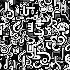 Black and white doodles graffiti funky repeat pattern
