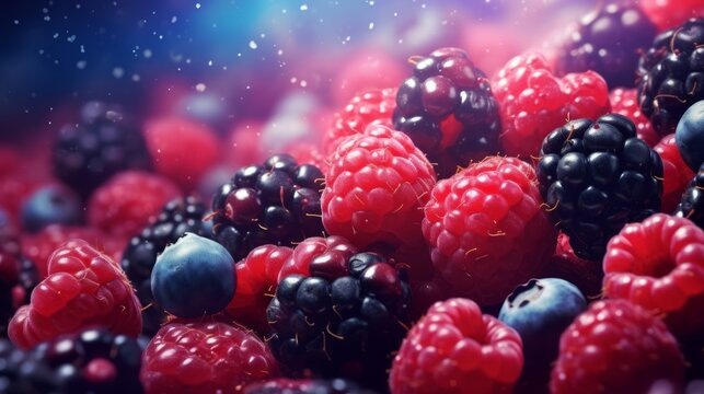 Illustration of a colorful assortment of raspberries, blueberries and blackberry