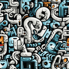 Black and white doodles graffiti funky repeat pattern