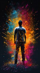 Fototapeta premium Illustration of a man standing in front of a vibrant and colorful backdrop