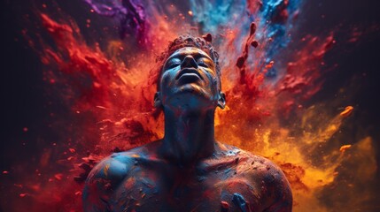 Illustration of a man covered in vibrant paint on colorful paint and colors background