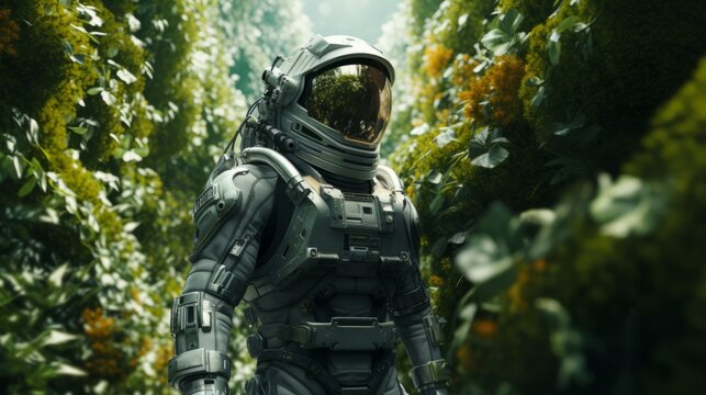 Illustration of an astronaut exploring a lush forest