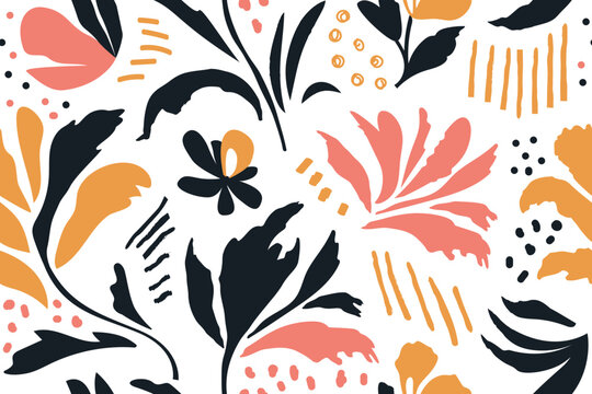 Seamless botanical pattern pink orange black modern collage of drawings of various flowers, branches, hand drawn ink sketch. Vector illustration isolated on white background.