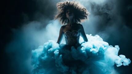 Illustration of a young afro american woman in a dress surrounded by smoke - obrazy, fototapety, plakaty