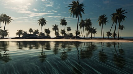Fototapeta na wymiar Illustration of a serene tropical island with palm trees and crystal clear waters