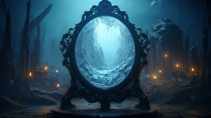 A mirror nestled in the heart of a vibrant forest