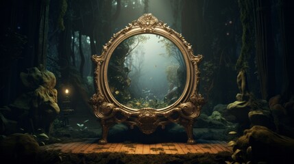 A mirror reflecting the beauty of a forest on a wooden floor