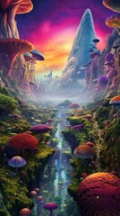 A whimsical fantasy landscape painting with vibrant trees and enchanting mushrooms