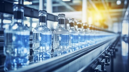 Bottles of water on a conveyor belt in a factory - obrazy, fototapety, plakaty