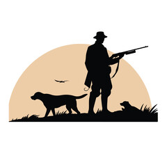 A silhouette of a guy with a gun and dog, in the style of eye-catching