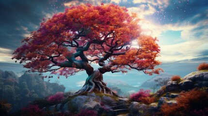 Obraz na płótnie Canvas A majestic tree standing tall amidst a breathtaking mountain landscape
