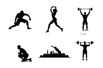 silhouette of a person lifting weights, the silhouette of a person with dumbbells, a Set of silhouettes of a Gym, fitness people, working out