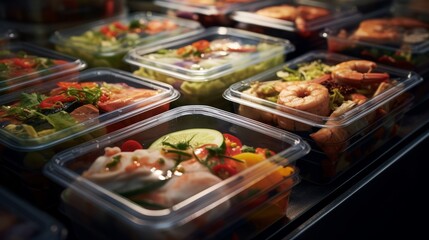 A variety of plastic food containers filled with delicious meals and snacks - obrazy, fototapety, plakaty