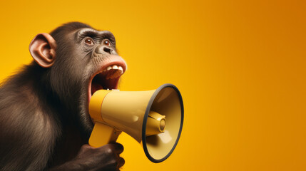 A monkey holding a megaphone and shouting loudly - obrazy, fototapety, plakaty