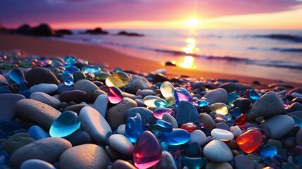 A colorful beach covered in a variety of unique stones - obrazy, fototapety, plakaty