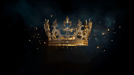 A gold crown with stars and smoke in the dark background - obrazy, fototapety, plakaty