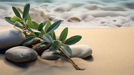 Fototapeta na wymiar Rocks and plant on a serene beach