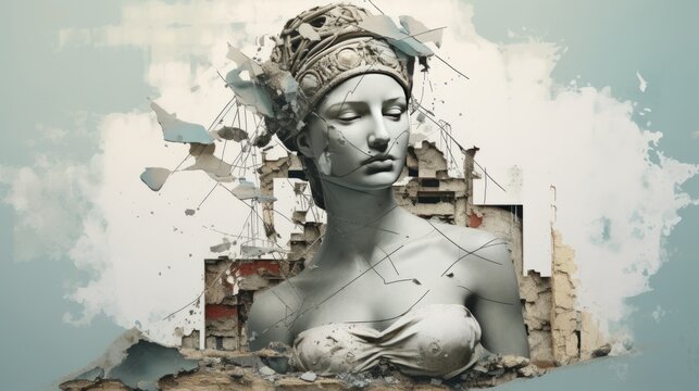 A modern sculpted bust of a woman with a broken background
