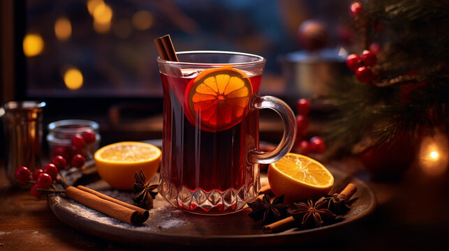 A festive glass of mulled wine garnished with orange slices and cinnamon sticks
