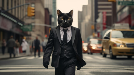Fototapeta premium A stylish cat strutting down the street in a dapper suit
