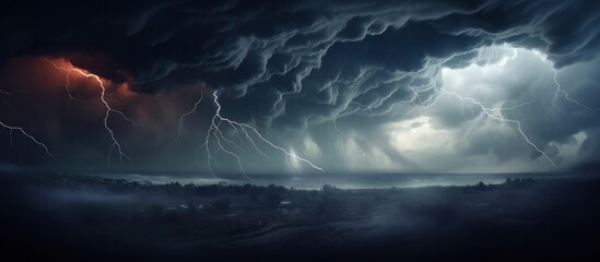 dark sky with heavy clouds with lightning during a thunderstorm - obrazy, fototapety, plakaty