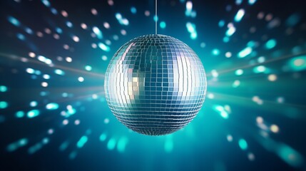 A sparkling disco ball suspended from a string, reflecting colorful lights in a dark room