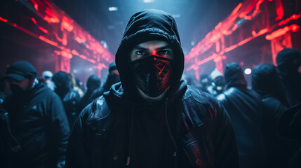 young man in hood and face mask, criminal gangster guy at street