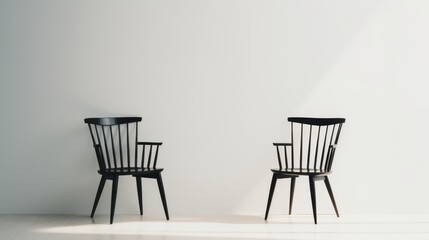 A pair of black chairs against a white wall