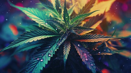 A marijuana leaf with water droplets glistening in the sunlight - obrazy, fototapety, plakaty