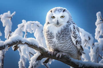Snowy owl perched on a frost-covered branch against a winter sky