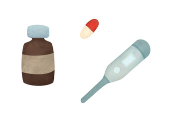 watercolor Medicine cute elements isolated set. Collection of thermometer, Pills, capsule glass bottles with liquid cough syrup on transparent background. Medicine, pharmacy and health concept 