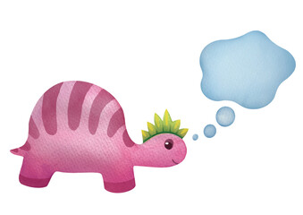 talking dinosaur in watercolor style, dialog cloud with empty copy space. Clipart speech bubbles with stains and children's cute character. dialogue thoughts, idea, dreams, replica Illustration
