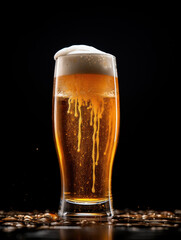 Fresh beer in a glass on a black background.
