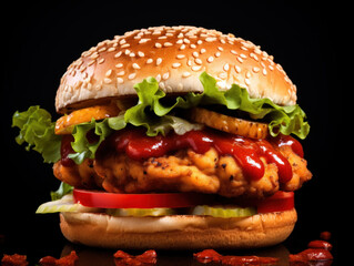 fresh delicious hamburger isolated on black background