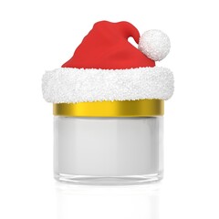 Glass cream jar with Santa Claus hat. 3D rendering. Realistic product design. Christmas and New year illustration
