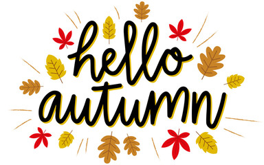 Word "hello autumn" typography written with colorful autumn leaves, handwritten "hello autumn" text