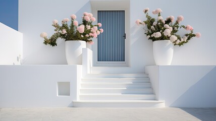 Fototapeta premium A striking white entrance door surrounded by geometric steps and white potted flowers exudes modern charm.